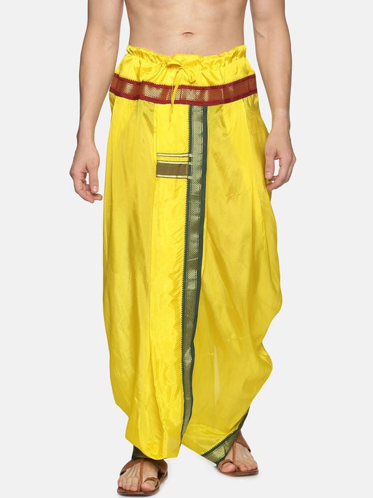 Sethukrishna Men Yellow & Green Solid Readymade Dhoti Pant | Swadesiicart