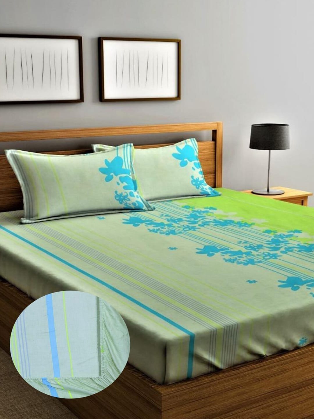 Home Sizzler Green & Blue Floral 210 TC Queen Bedsheet with 2 Pillow Covers - Swadesiicart