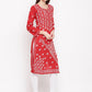 ADA Women Red & White Chikankari Hand Embroidered Straight Sustainable Kurta | Swadesiicart