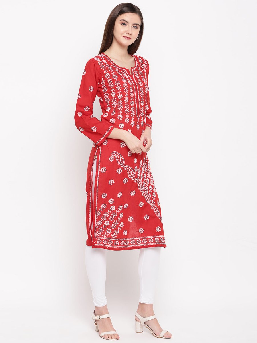 ADA Women Red & White Chikankari Hand Embroidered Straight Sustainable Kurta | Swadesiicart