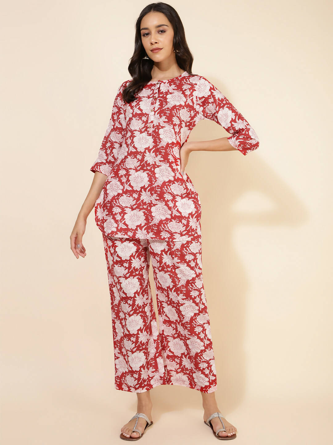 Janasya Women's Red Cotton Cambric Floral Printed Casual Straight Top Set | Swadesiicart