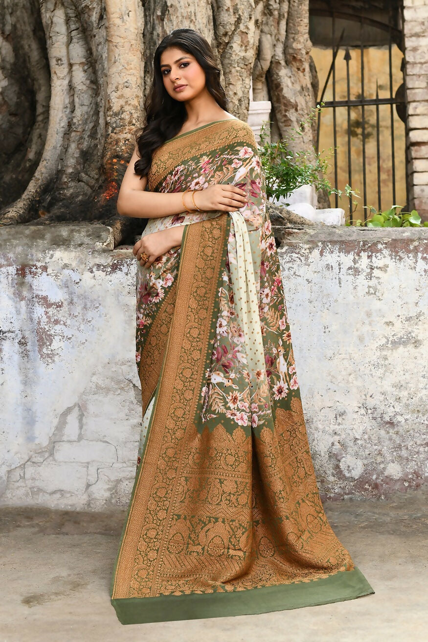 Joban Fashion Olive Green And Ivory Pure Crepe Pure Handloom Banarasi Silk Saree | Swadesiicart