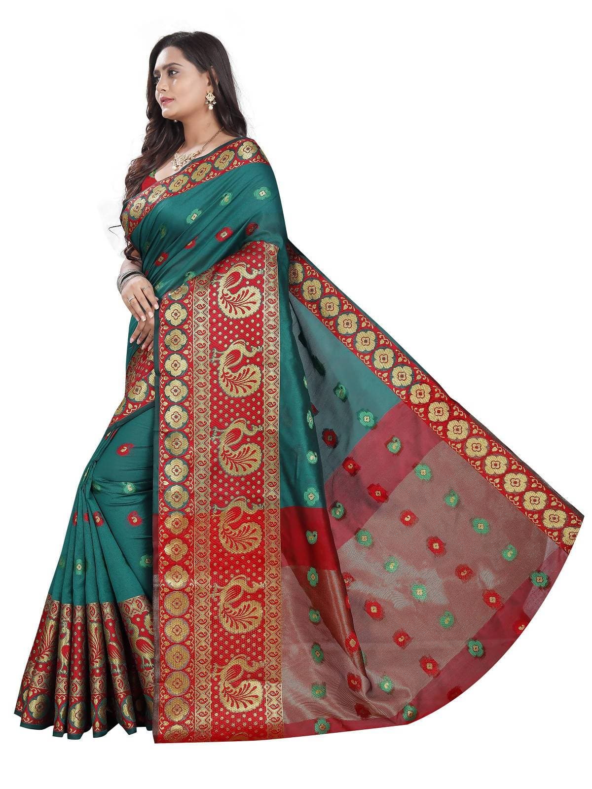 Vamika Banarasi Cotton Silk Rama Green Weaving Saree | Swadesiicart