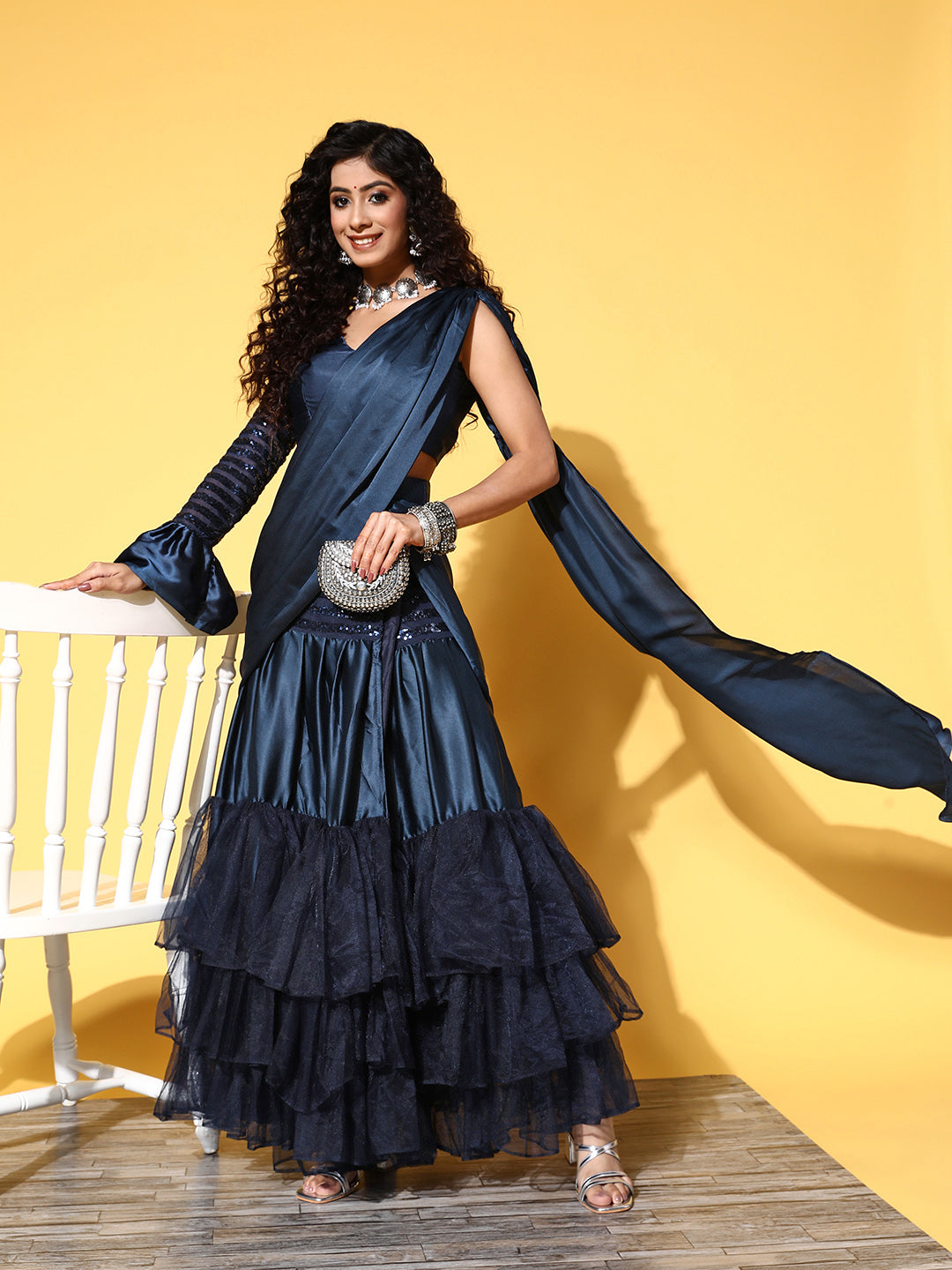 Tikhi Imli Navy Blue Sequinned Ready to Wear Saree | Swadesiicart