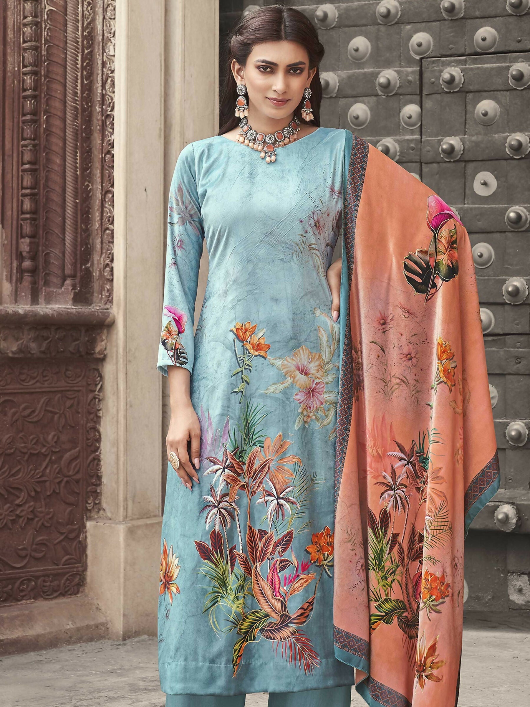 Jyoti Fashion Women's Sky Blue Velvet Floral Digital Printed Kurta with Trouser & Dupatta | Swadesiicart