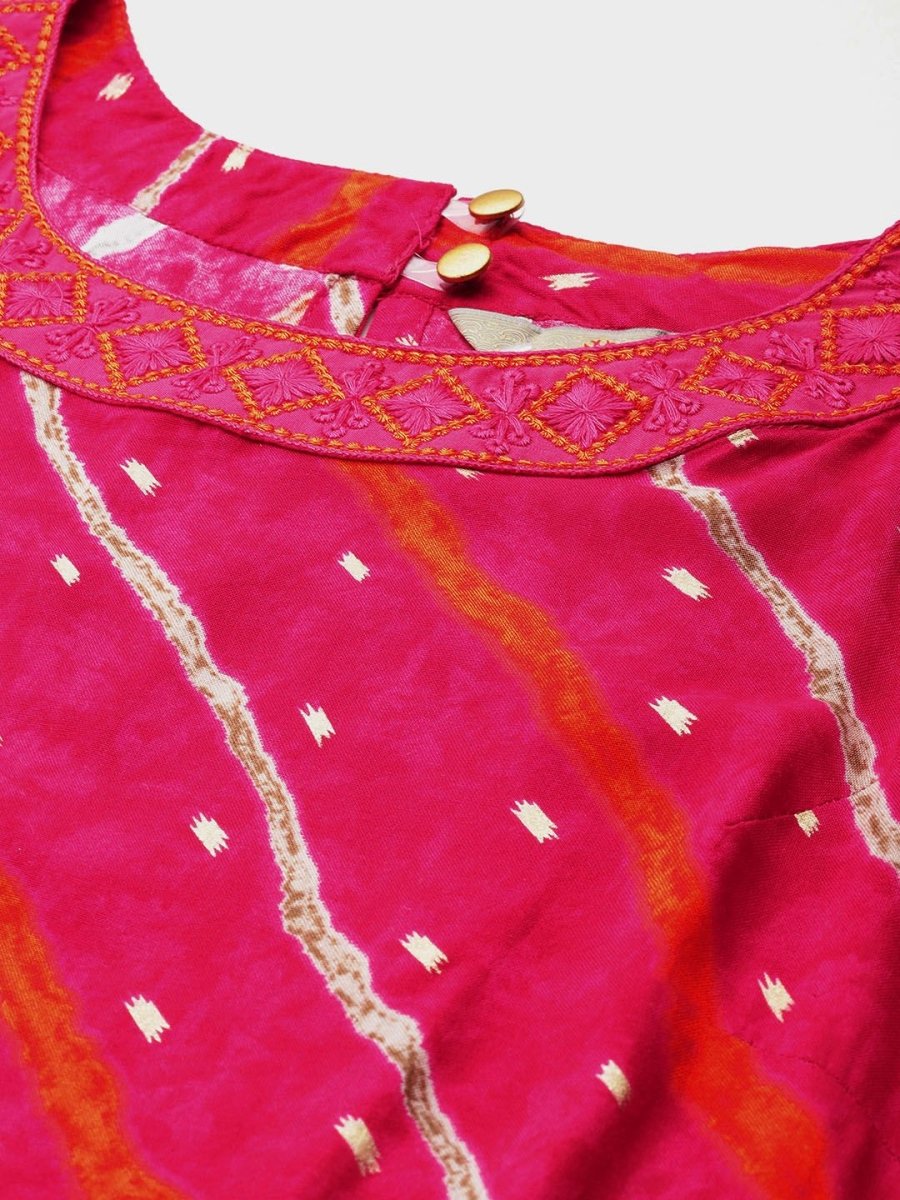 Anouk Leheriya Printed Halter Neck Thread Work Kurta - Swadesiicart