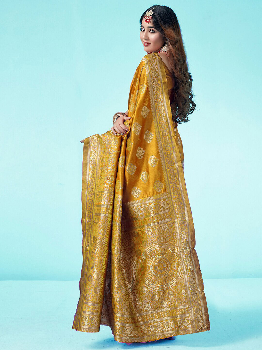 Kalini Yellow & Gold-Toned Woven Design Zari Banarasi Saree | Swadesiicart