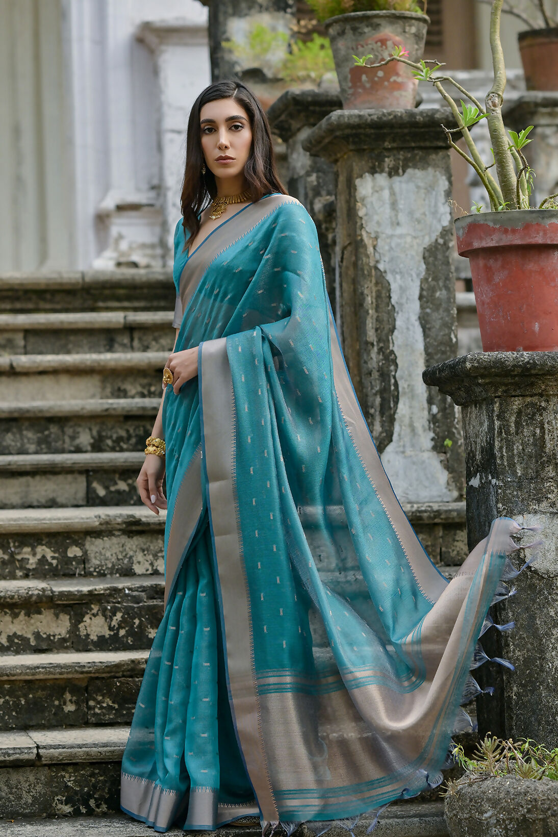 Vishnu Weaves Women's Rama Soft Tissue Silk Zari Woven Saree with Blouse - Swadesiicart