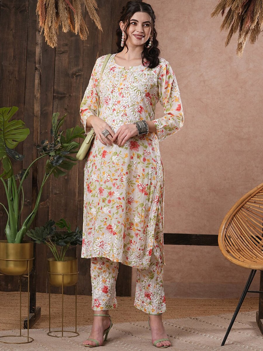 ADA Floral Printed Round Neck Regular Lucknowi Chikankari Kurta with Trousers | Swadesiicart