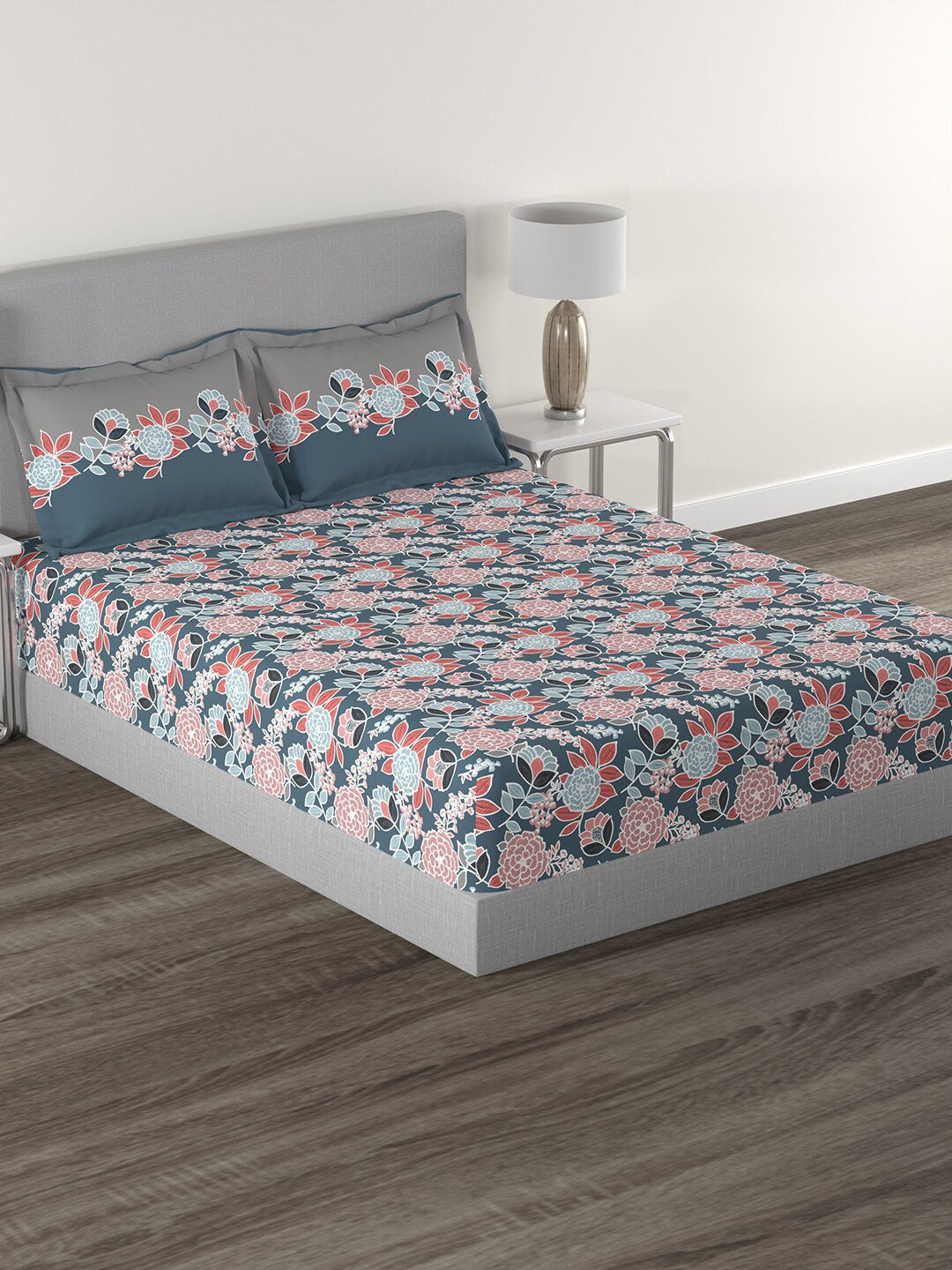 MYTRIDENT Blue Green Floral Cotton 144 TC Queen Bedsheet With 2 Pillow Covers - Swadesiicart