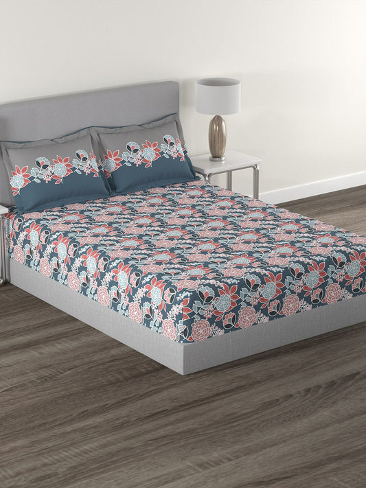 MYTRIDENT Blue Green Floral Cotton 144 TC Queen Bedsheet With 2 Pillow Covers - Swadesiicart