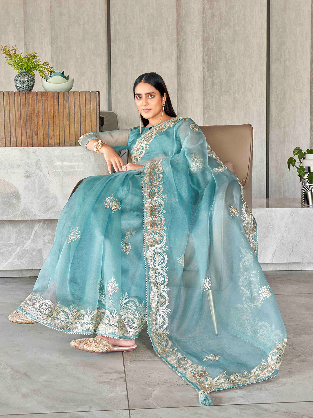 Tikhi Imli Floral Gotta Patti Organza Heavy Work Saree | Swadesiicart