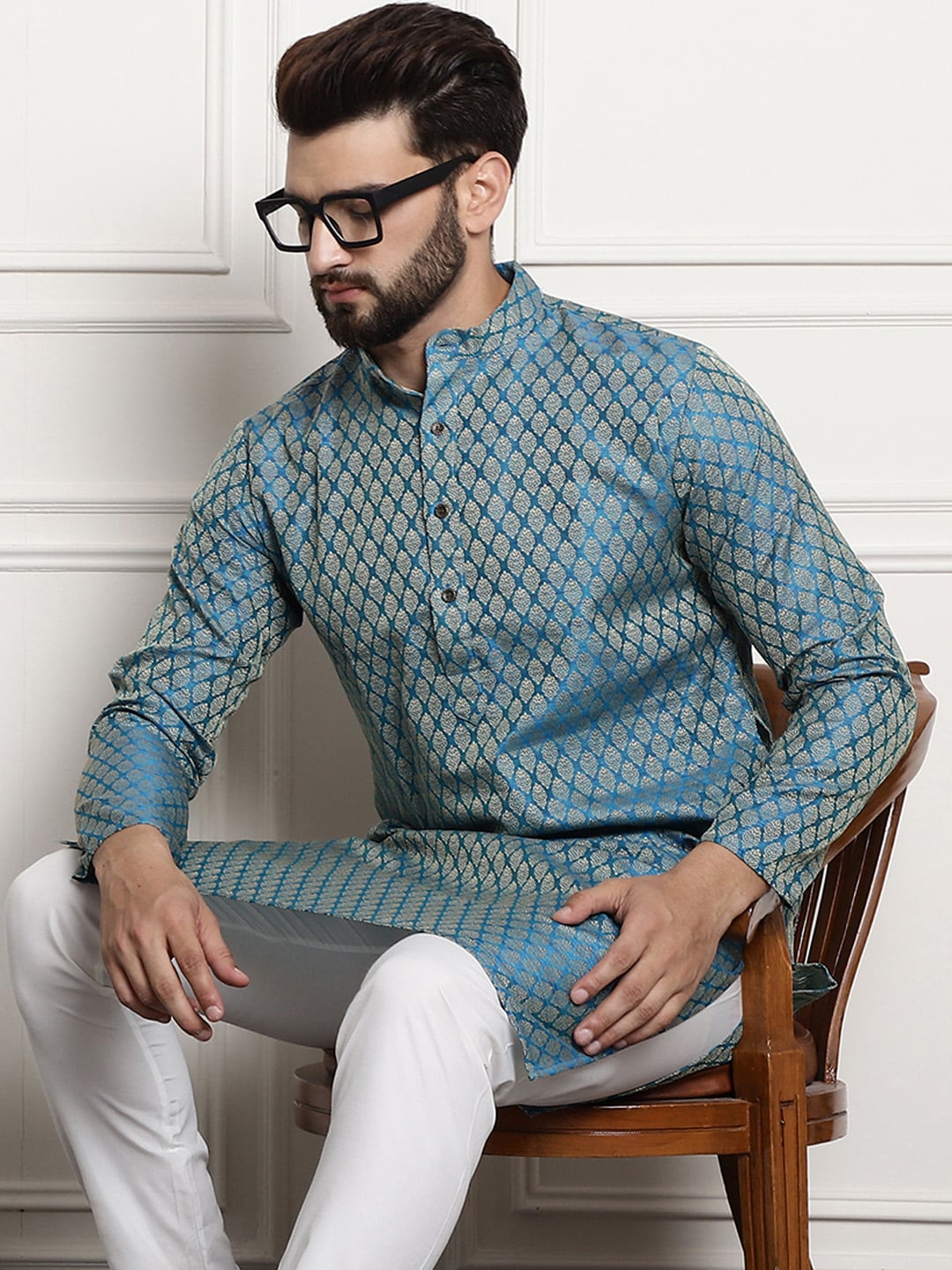 Sojanya Men Blue & Beige Ethnic Motif Printed Jacquard Silk Kurta | Swadesiicart