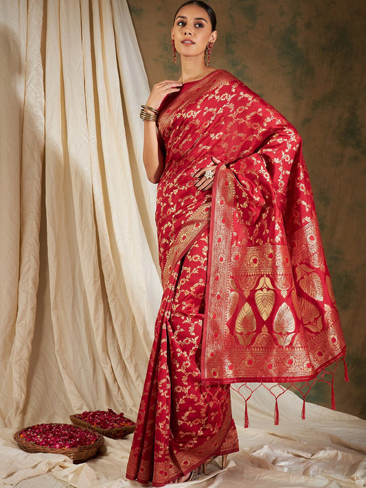 Sangria Red & Gold-Toned Floral Woven Design Zari Banarasi Saree | Swadesiicart