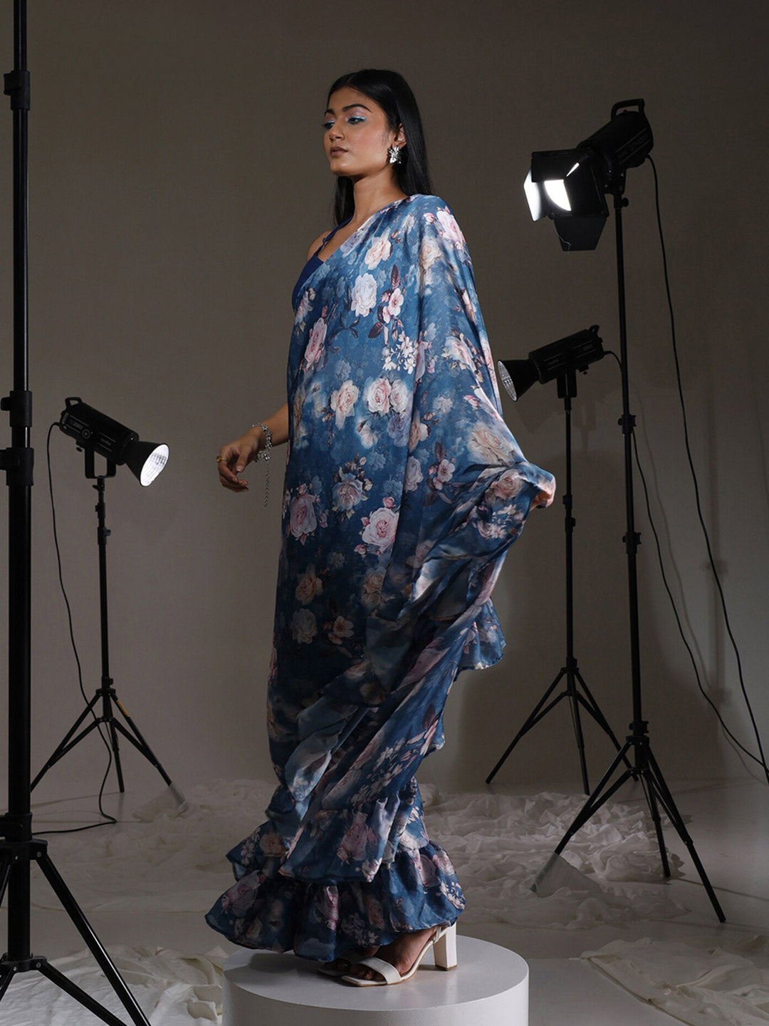 Tikhi Imli Blue Floral Printed Satin Ruffles Saree | Swadesiicart