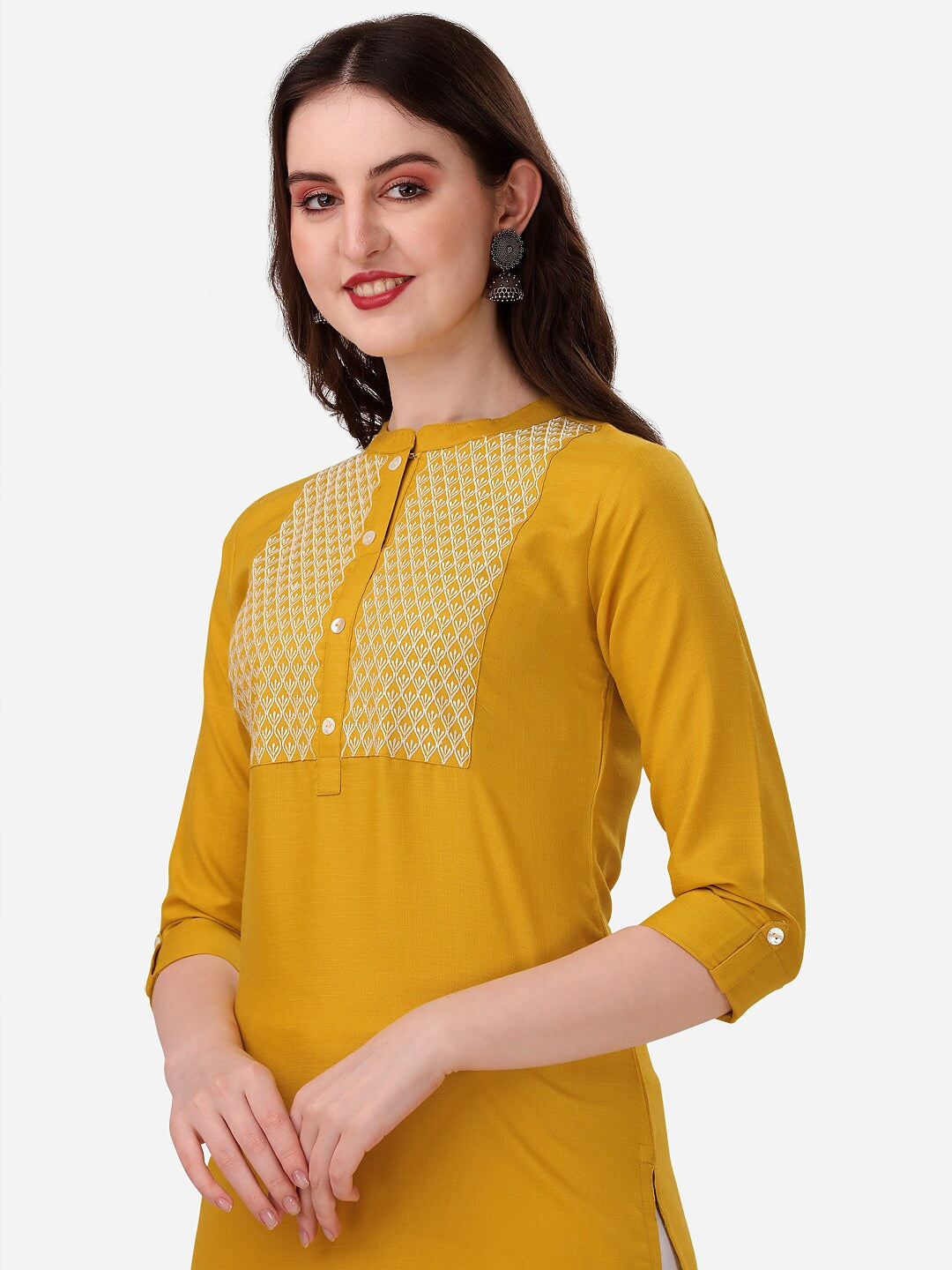 HERE&NOW Yoke Design Mandarin Collar Thread Work Cotton Kurta - Swadesiicart