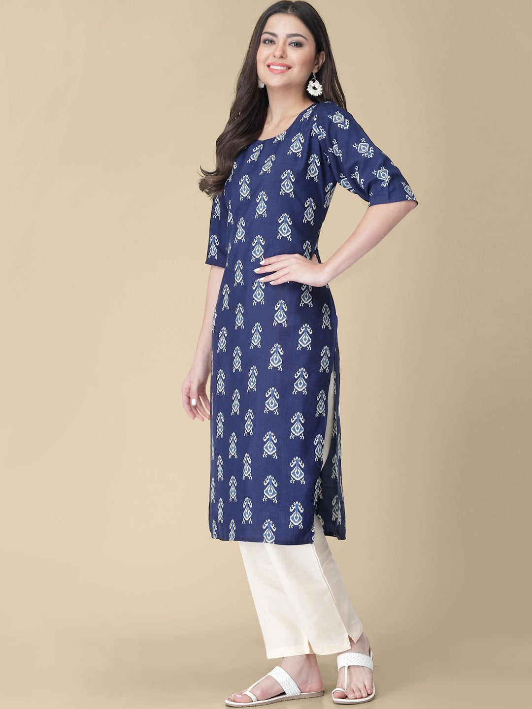 Kalini Ethnic Motifs Printed Round Neck Kurta with Trousers - Swadesiicart