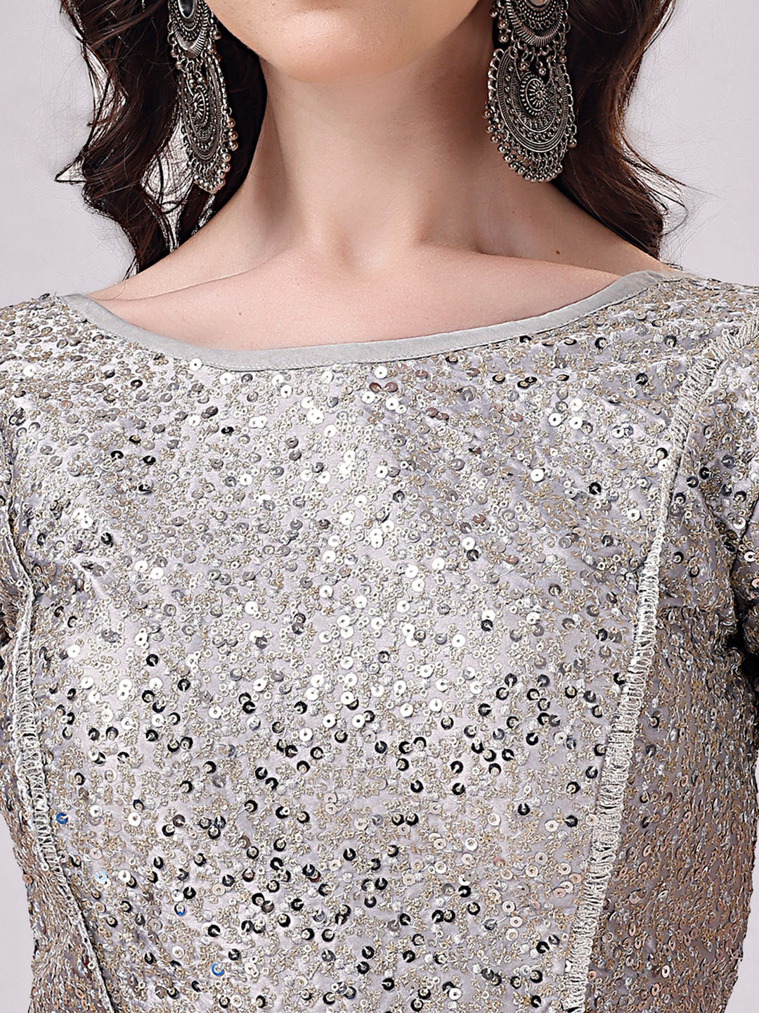 Tikhi Imli Grey Embellished Boat Neck Sequinned Detailed Saree Blouse | Swadesiicart