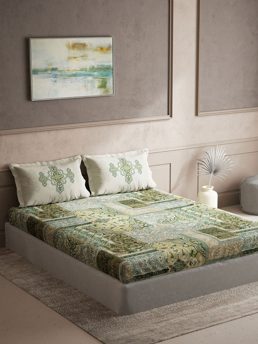 DDecor Green & White Ethnic Motifs Cotton 140 TC King Bedsheet with 2 Pillow Covers - Swadesiicart