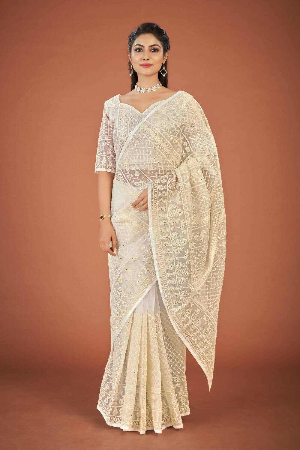 Vamsee White Organza Saree - Swadesiicart