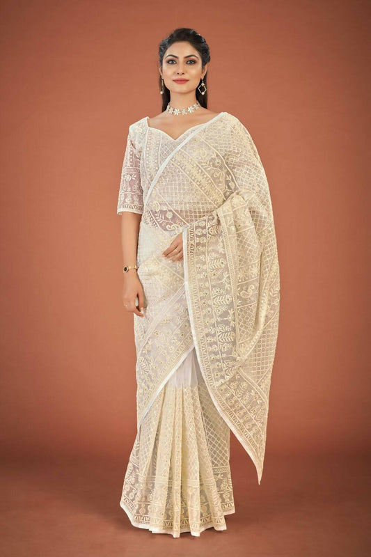 Vamsee White Organza Saree - Swadesiicart