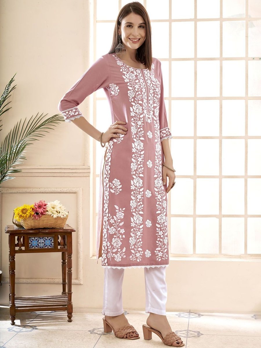 Anouk Floral Embroidered Round Neck Chikankari Straight Kurta | Swadesiicart