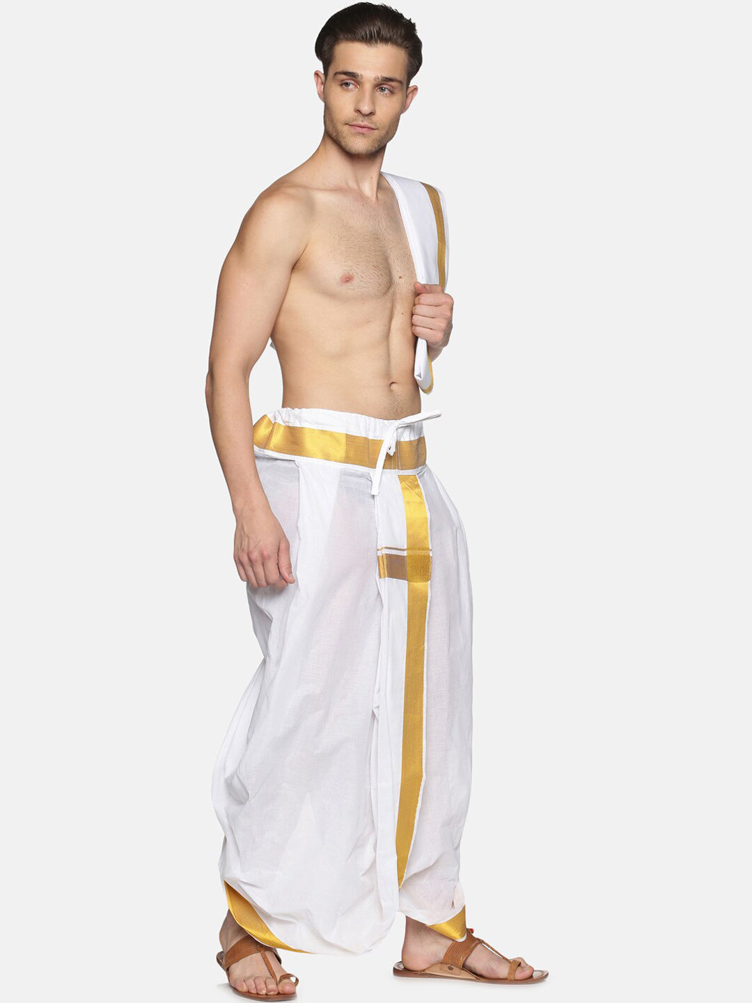 Sethukrishna Men White & Gold-Toned Solid Ready Made Dhoti Pants | Swadesiicart