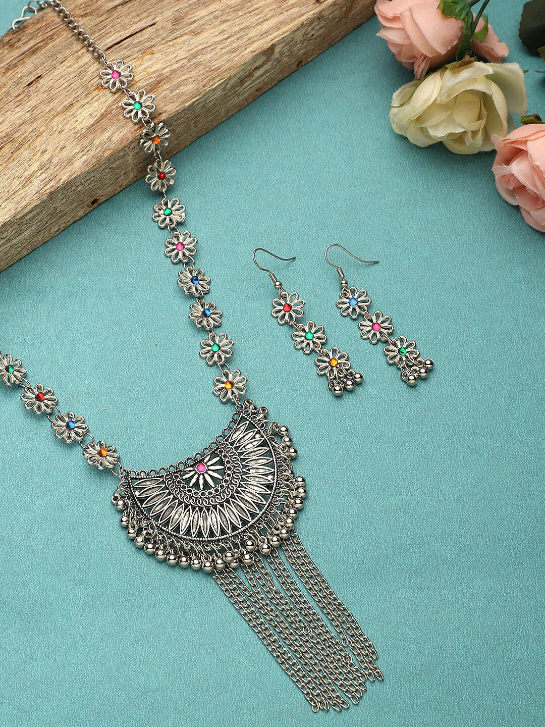 Cardinal Women Silver-Toned Pink & Yellow Stone Studded Jewellery Set