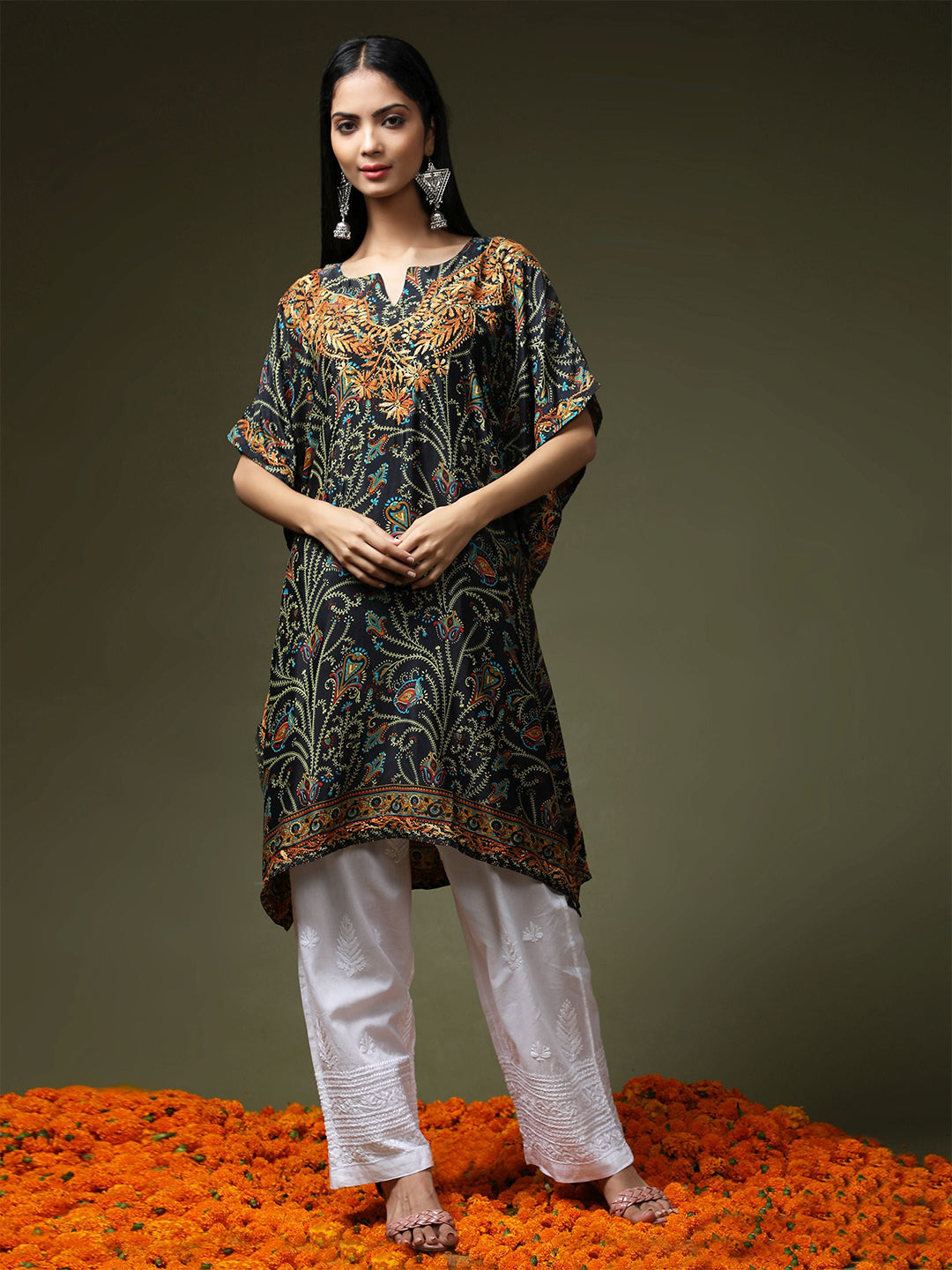 HOUSE OF KARI Ethnic Motifs Printed Chikankari Embroidery Cotton Kaftan Kurta | Swadesiicart