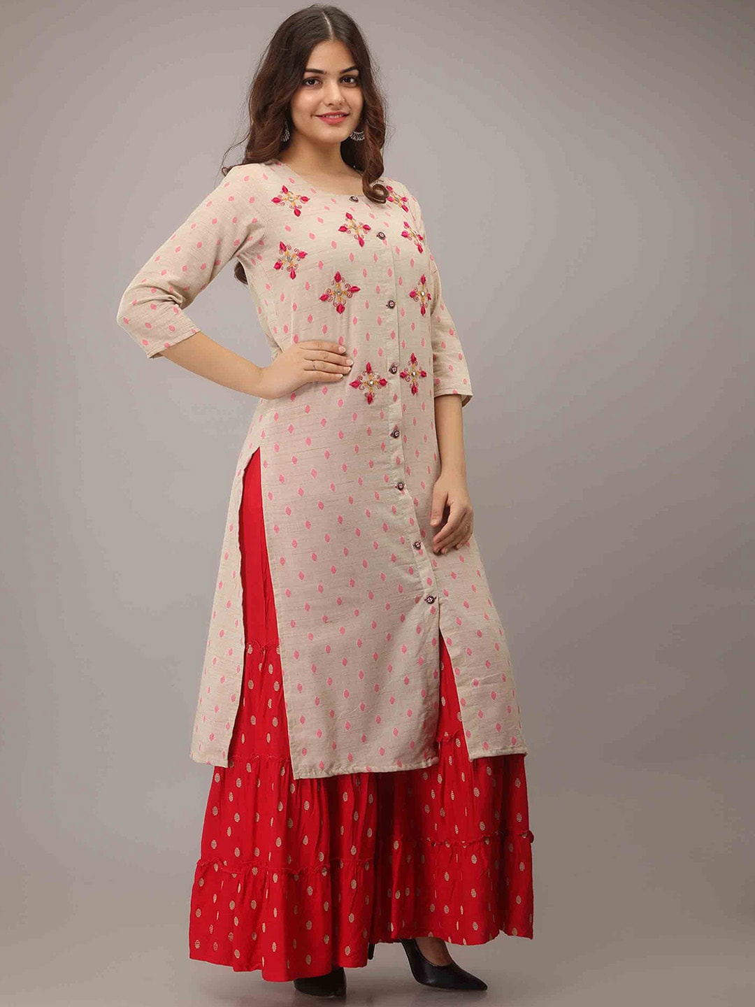 Kalini Women Cream-Coloured Embroidered High Slit Mirror Work Pure Cotton Kurti with Sharara | Swadesiicart