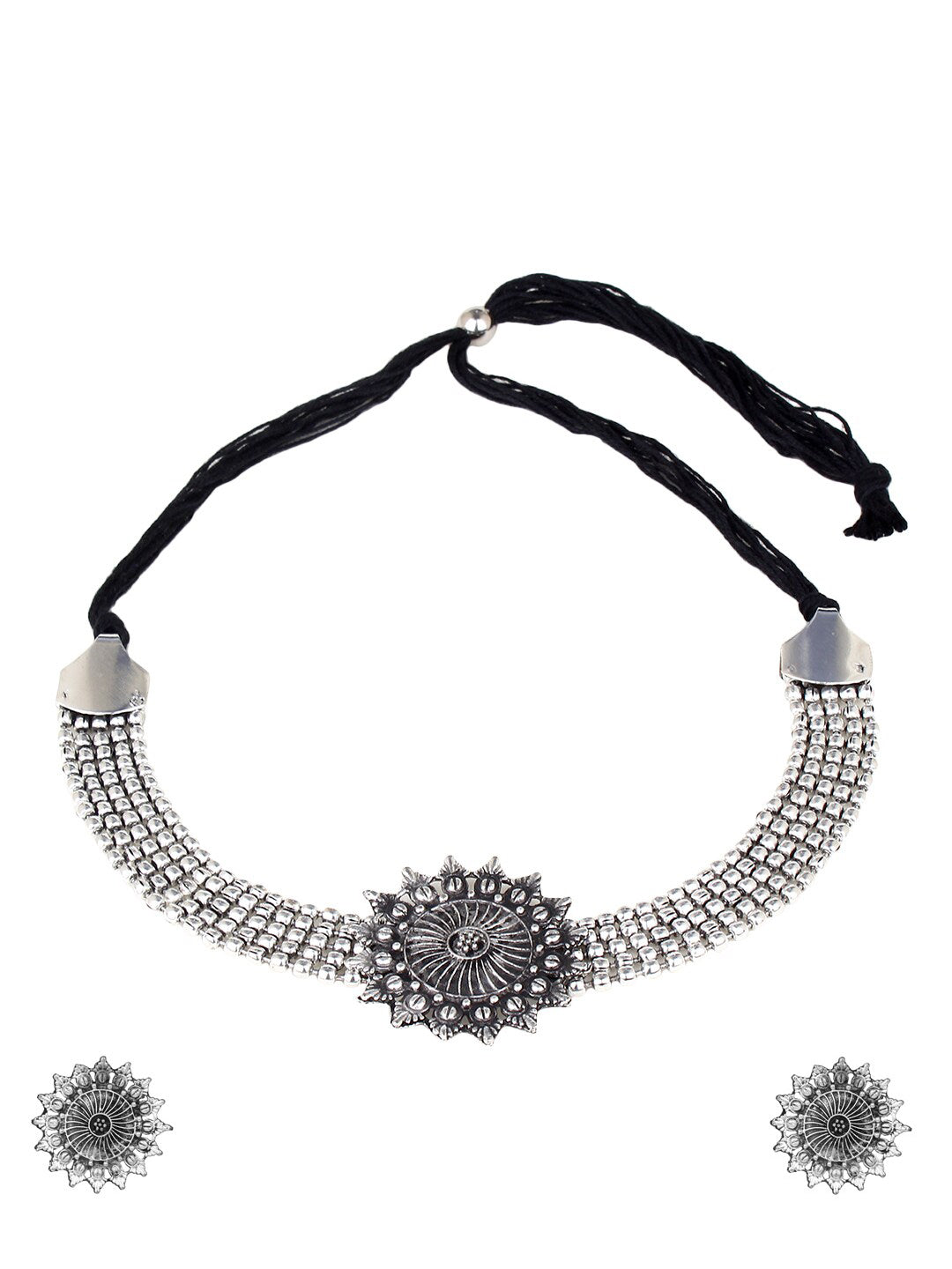 Cardinal Silver-Toned Black Oxidized Choker Necklace Set - Swadesiicart