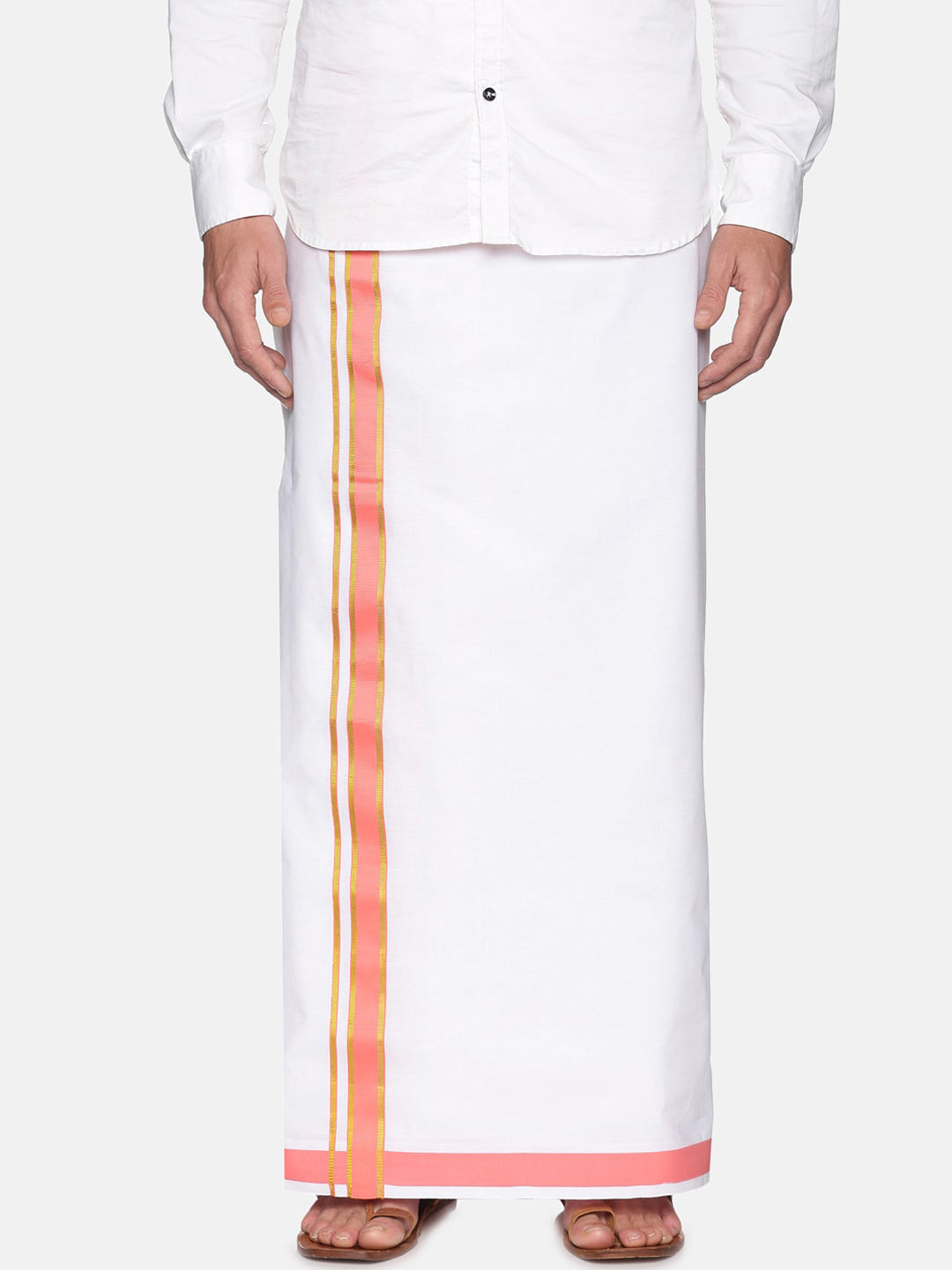 Sethukrishna Men White & Pink Solid Cotton Dhoti | Swadesiicart