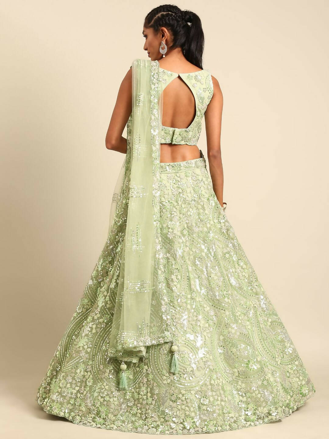 House of Panchhi Lime Green Net Sequins and Zarkan embroidery Lehenga choli & Dupatta | Swadesiicart