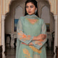 Vaasva Women Teal Green Tabby Slik Print & Embroidered Kurta, Pant & Dupatta set | Swadesiicart