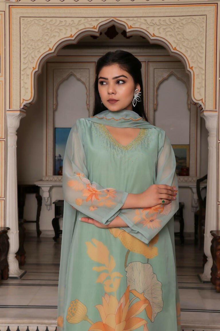 Vaasva Women Teal Green Tabby Slik Print & Embroidered Kurta, Pant & Dupatta set | Swadesiicart
