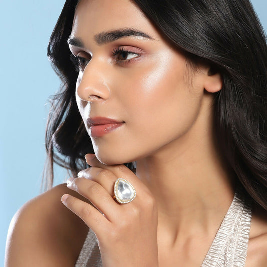 Silver Tone Kundan Cocktail Ring- Ruby Raang | Swadesiicart