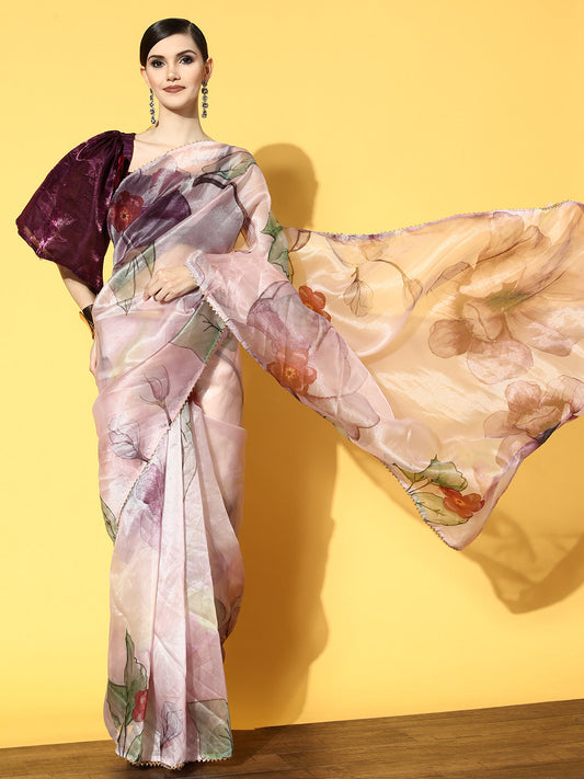 Tikhi Imli Pink & Mauve Floral Organza Saree | Swadesiicart