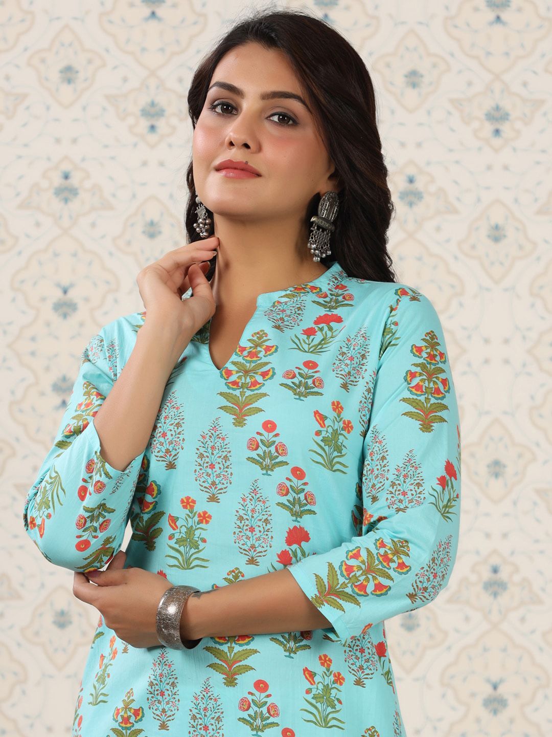 Ode by House of Pataudi Floral Printed Mandarin Collar Pure Cotton Kurta - Swadesiicart