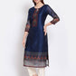 Myshka Women's Navy Blue Printed Chanderi Silk 3/4 Sleeve Round Neck Casual Kurta