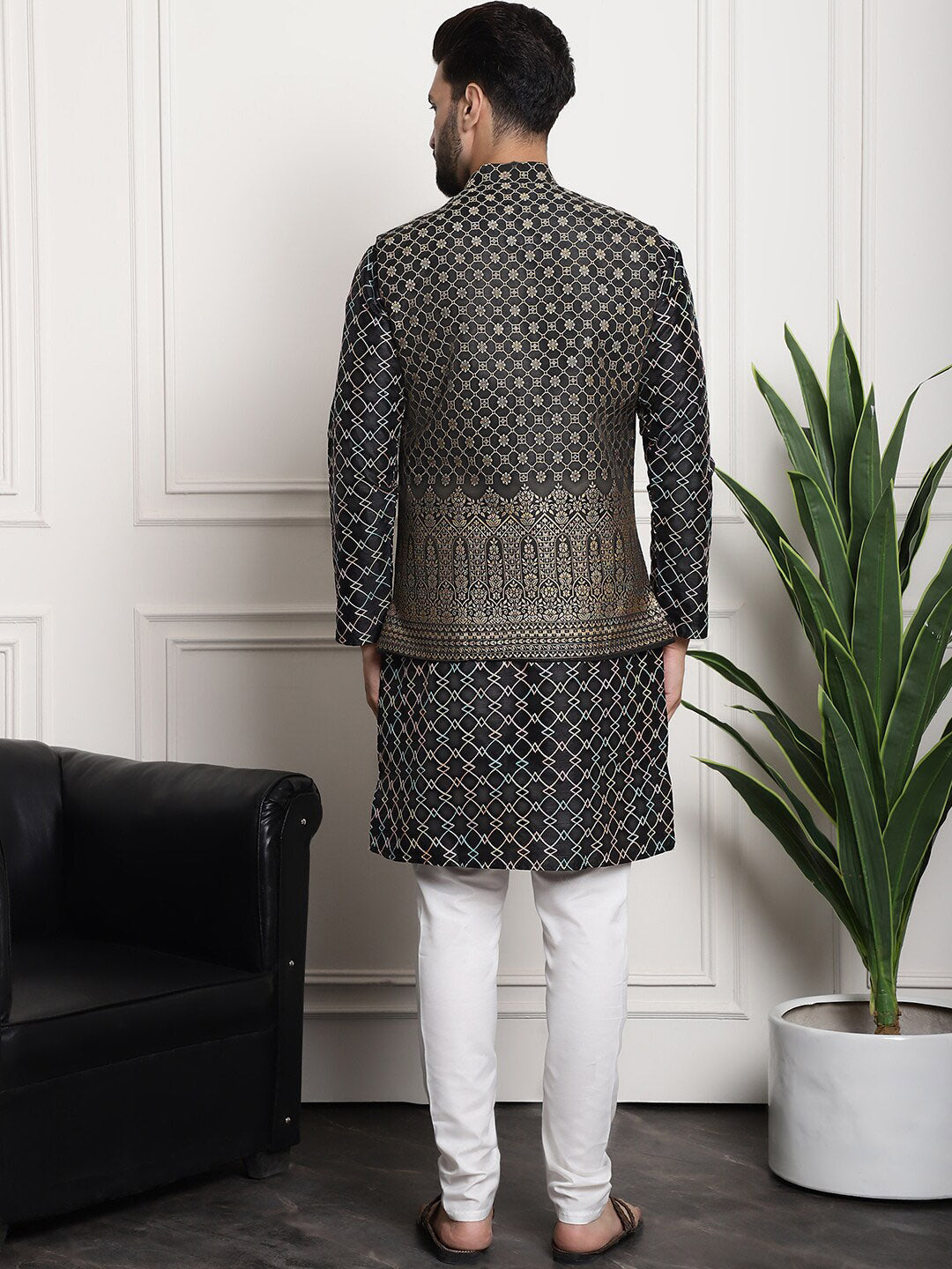 Sojanya Ethnic Motifs Woven Design Embroidered Straight Kurta & Churidar With Nehru Jacket | Swadesiicart