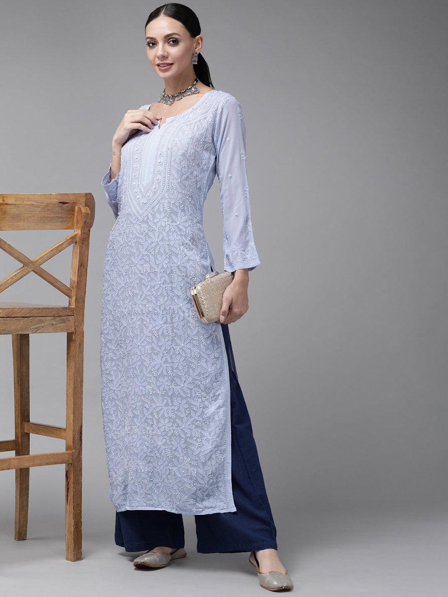 ADA Women Blue & Blue Ethnic Motifs Embroidered Chikankari Georgette Kurta | Swadesiicart