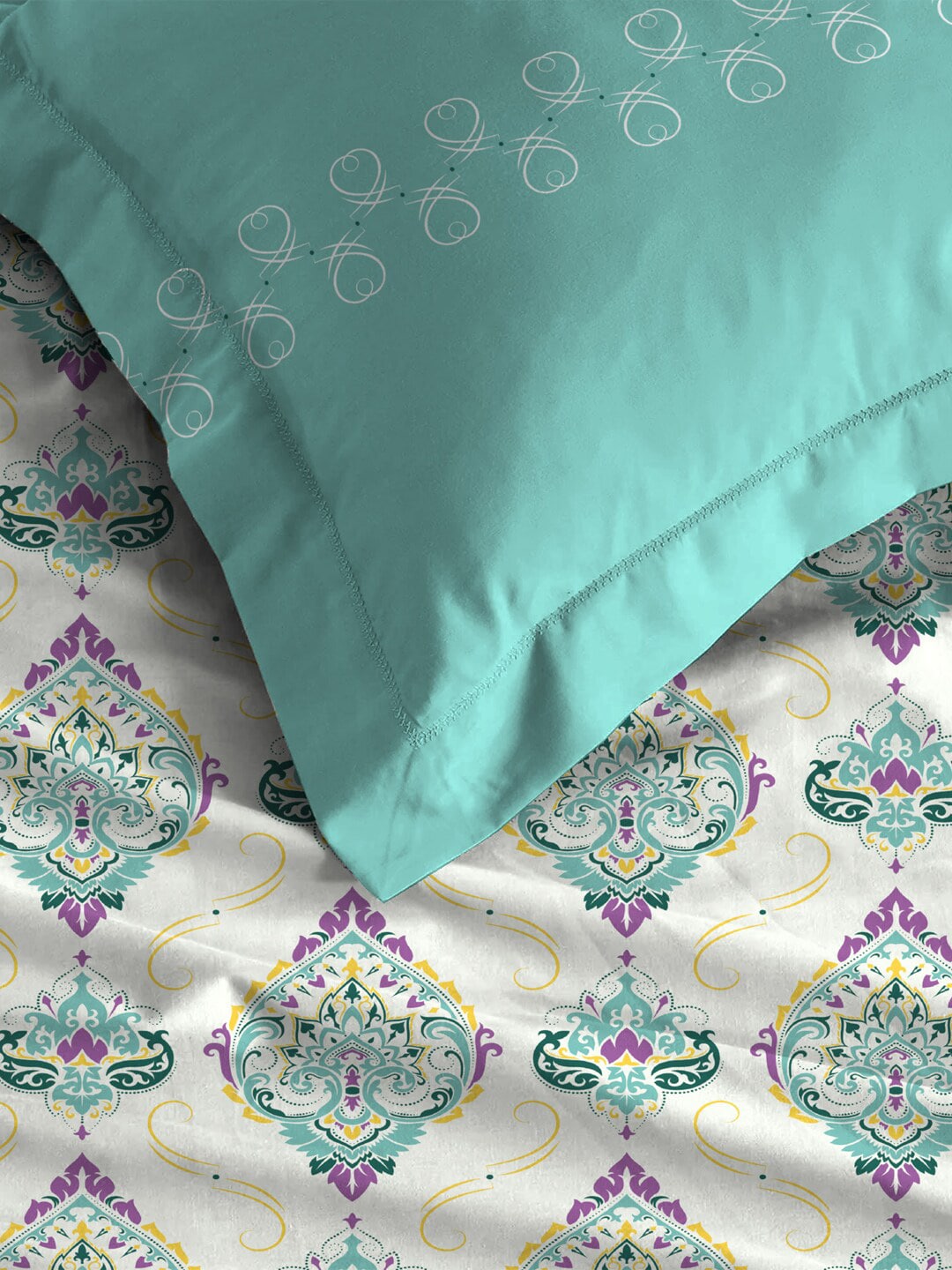 MYTRIDENT Moments White Blue Ethnic Motifs Pure Cotton 120 TC Bedsheet 2 Pillow Covers - Swadesiicart