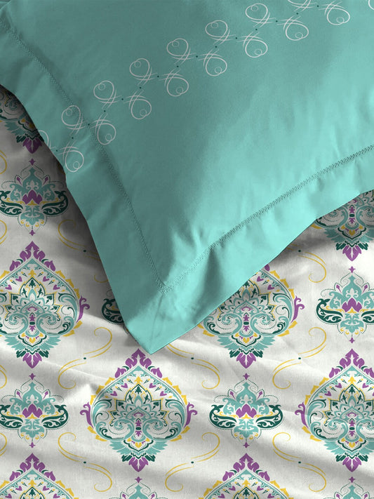 MYTRIDENT Moments White Blue Ethnic Motifs Pure Cotton 120 TC Bedsheet 2 Pillow Covers - Swadesiicart