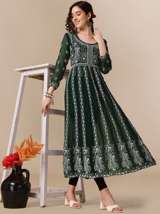 HERE&NOW Ethnic Motifs Embroidered Chikankari Georgette Anarkali Kurta | Swadesiicart