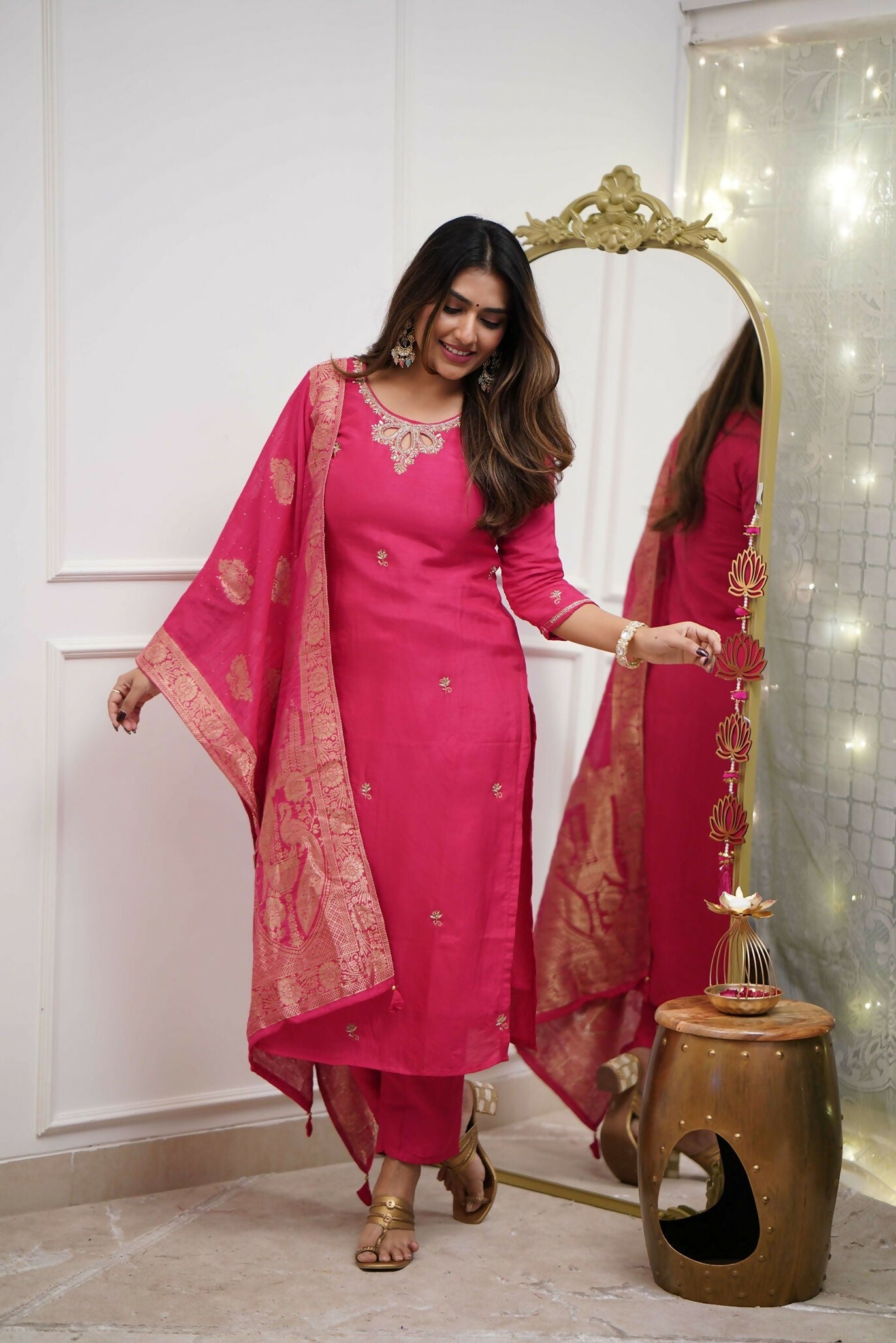 The52 Gajri Women's Gorgeous Embroidered Viscose Chanderi Fabric Straight Kurta Pant with Dupatta Set - Swadesiicart