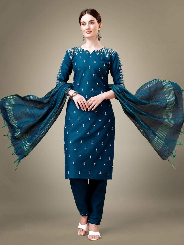 Jyoti Fashion Women's Morpich Cotton Blend Embroidery & Sequence work Kurta with Trouser & Dupatta | Swadesiicart