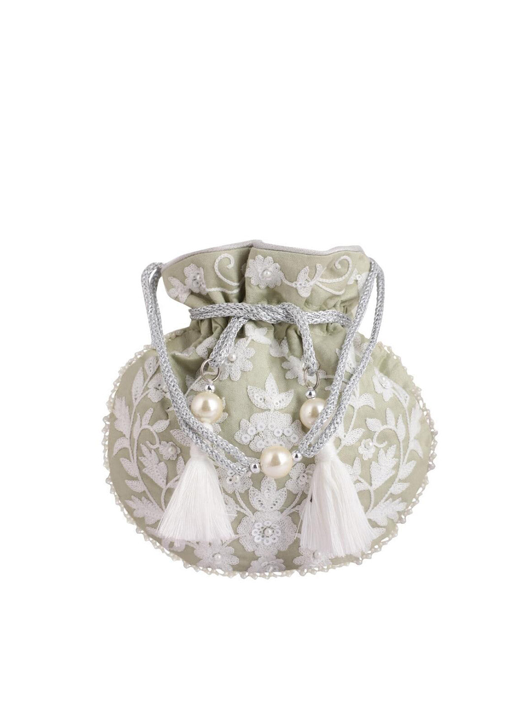 Masq Green & White Embellished Embroidered Potli Clutch - Swadesiicart