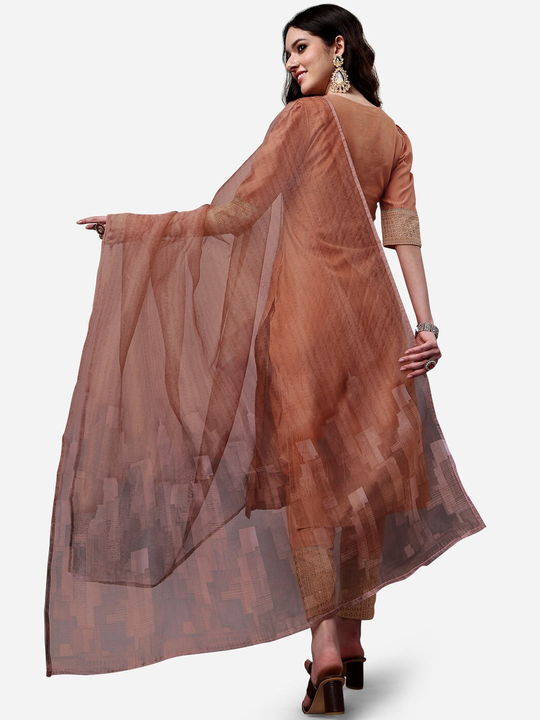 HERE&NOW Lucknowi Chikankari Schiffli Chanderi Silk Kurta Trousers with Organza Dupatta | Swadesiicart