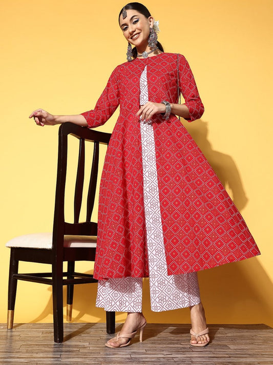 Anouk Women Red & Off-White Bandhani Print Pure Cotton Crop Top with Palazzos & Jacket - Swadesiicart