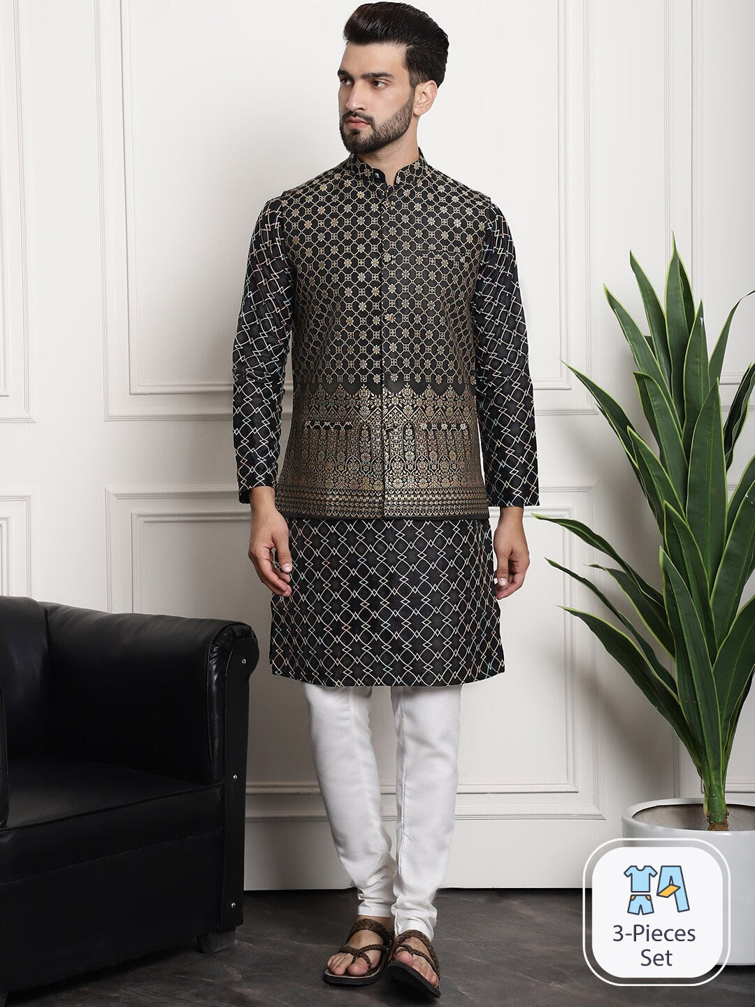Sojanya Ethnic Motifs Woven Design Embroidered Straight Kurta & Churidar With Nehru Jacket | Swadesiicart